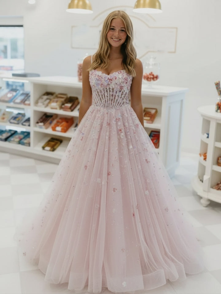 Glitter Laces Spaghetti Straps A Line Floral Prom Dresses
