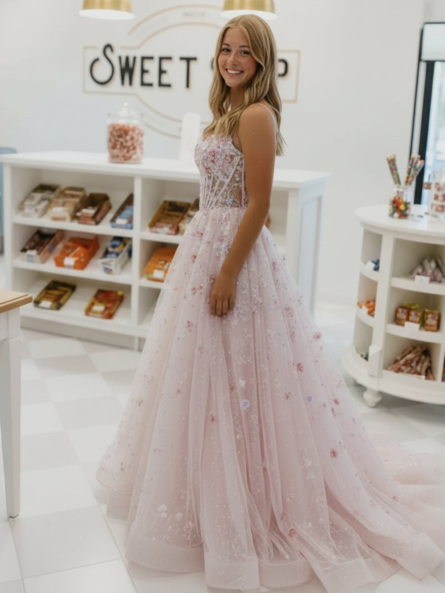 Glitter Laces Spaghetti Straps A Line Floral Prom Dresses