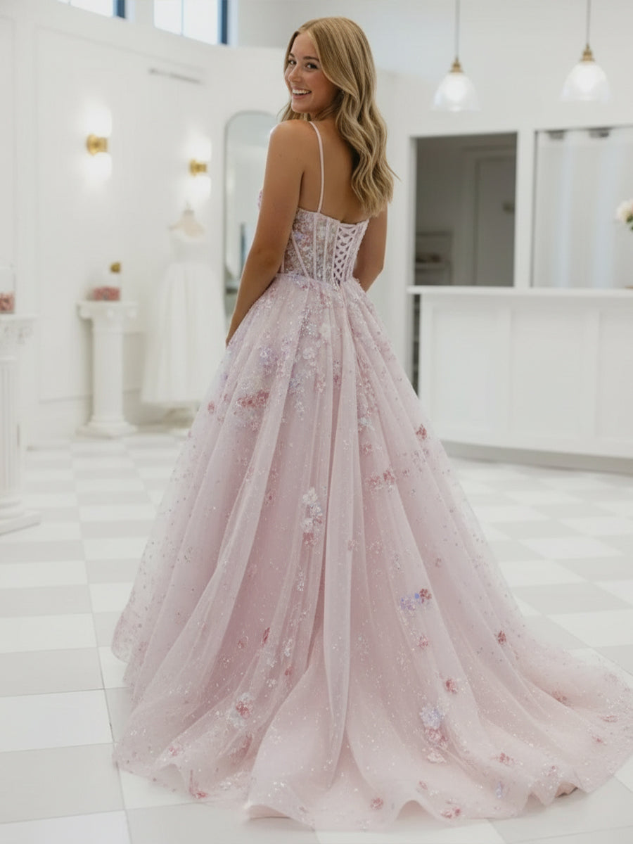 Glitter Laces Spaghetti Straps A Line Floral Prom Dresses