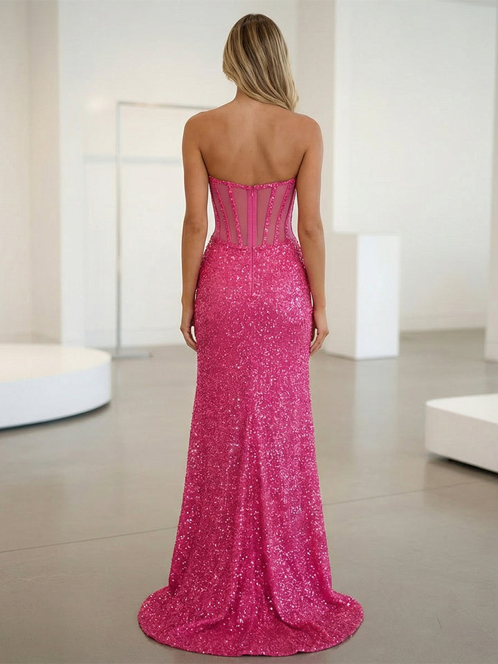 Glitter Sequin Ruffles Mermaid Sweetheart Prom Dresses with Slit
