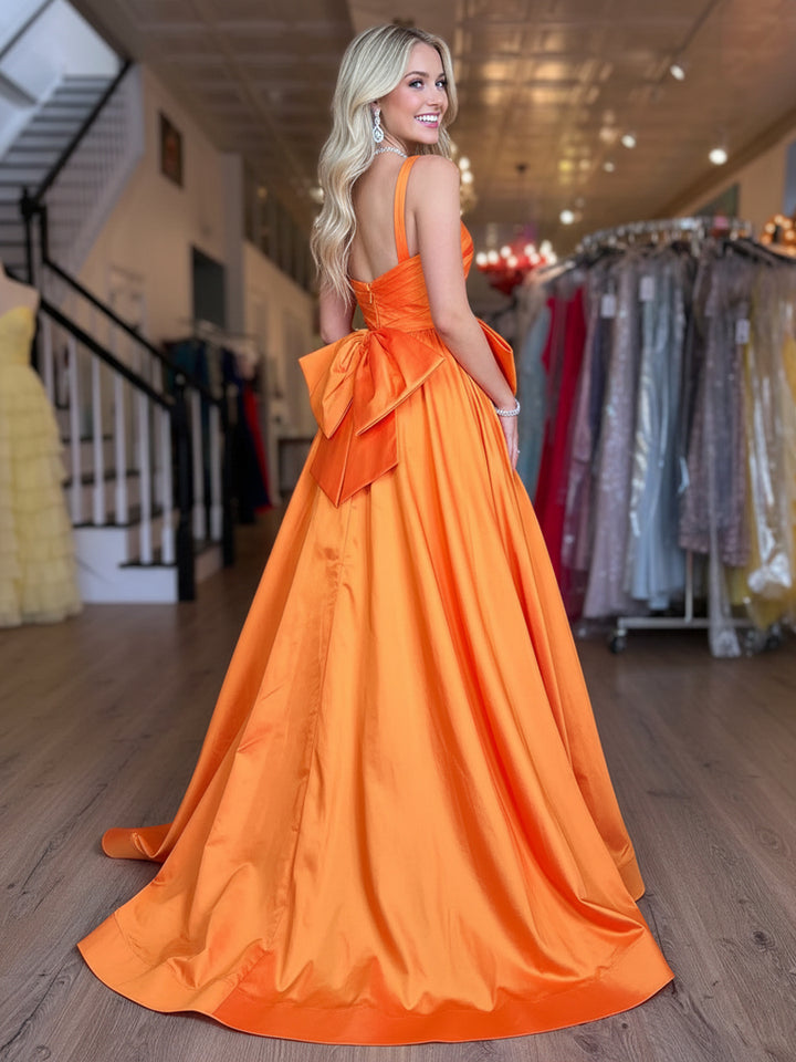 Satin Bow A Line One Shoulder Formal Dresses