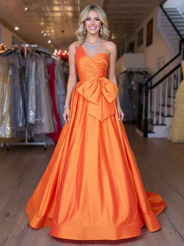 Satin Bow A Line One Shoulder Formal Dresses