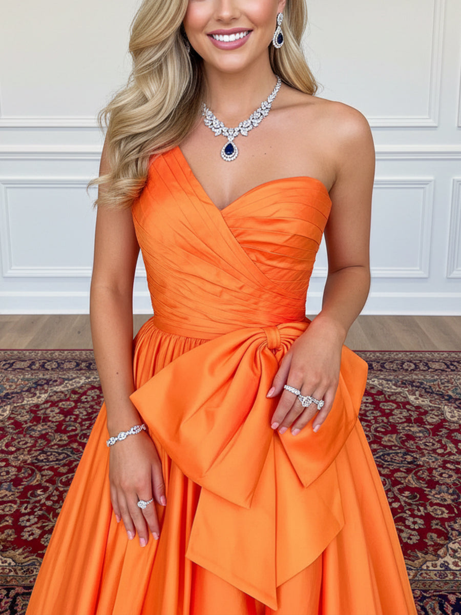 Satin Bow A Line One Shoulder Formal Dresses