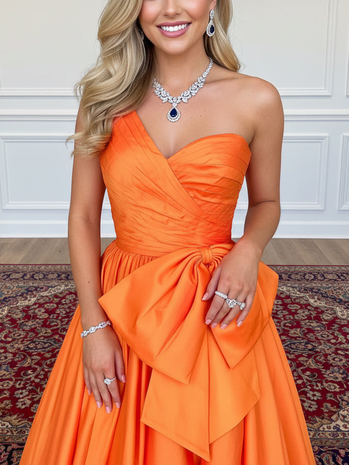 Satin Bow A Line One Shoulder Formal Dresses