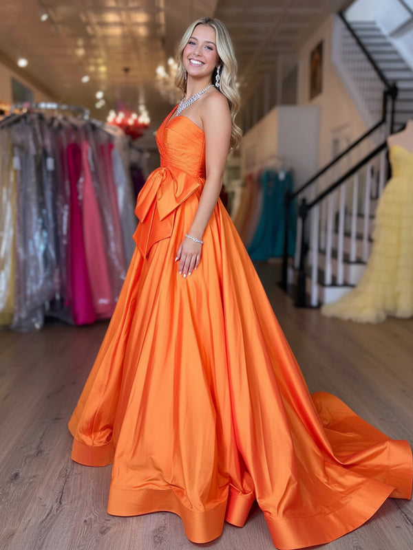 Satin Bow A Line One Shoulder Prom Dresses