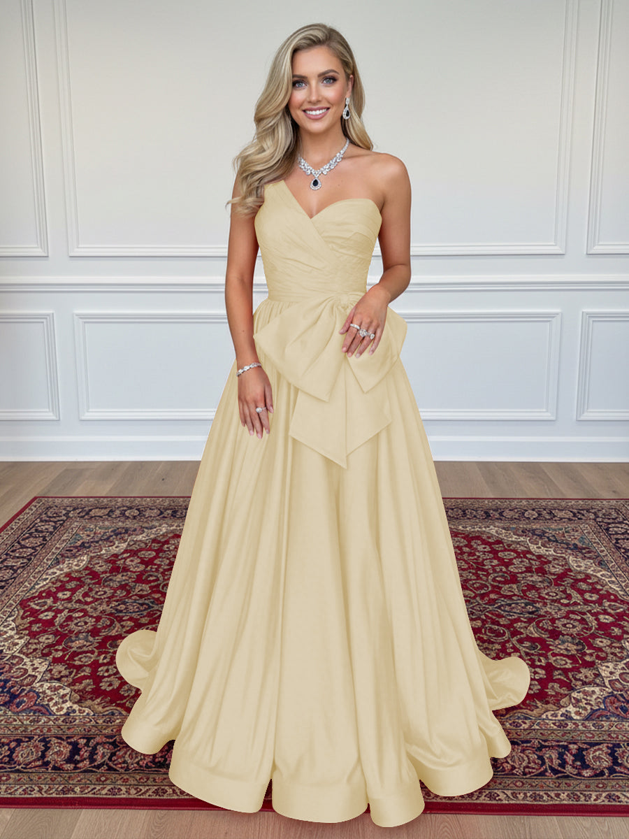 Satin Bow A Line One Shoulder Formal Dresses
