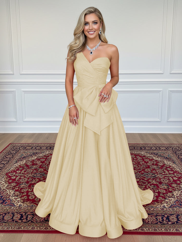 Satin Bow A Line One Shoulder Formal Dresses