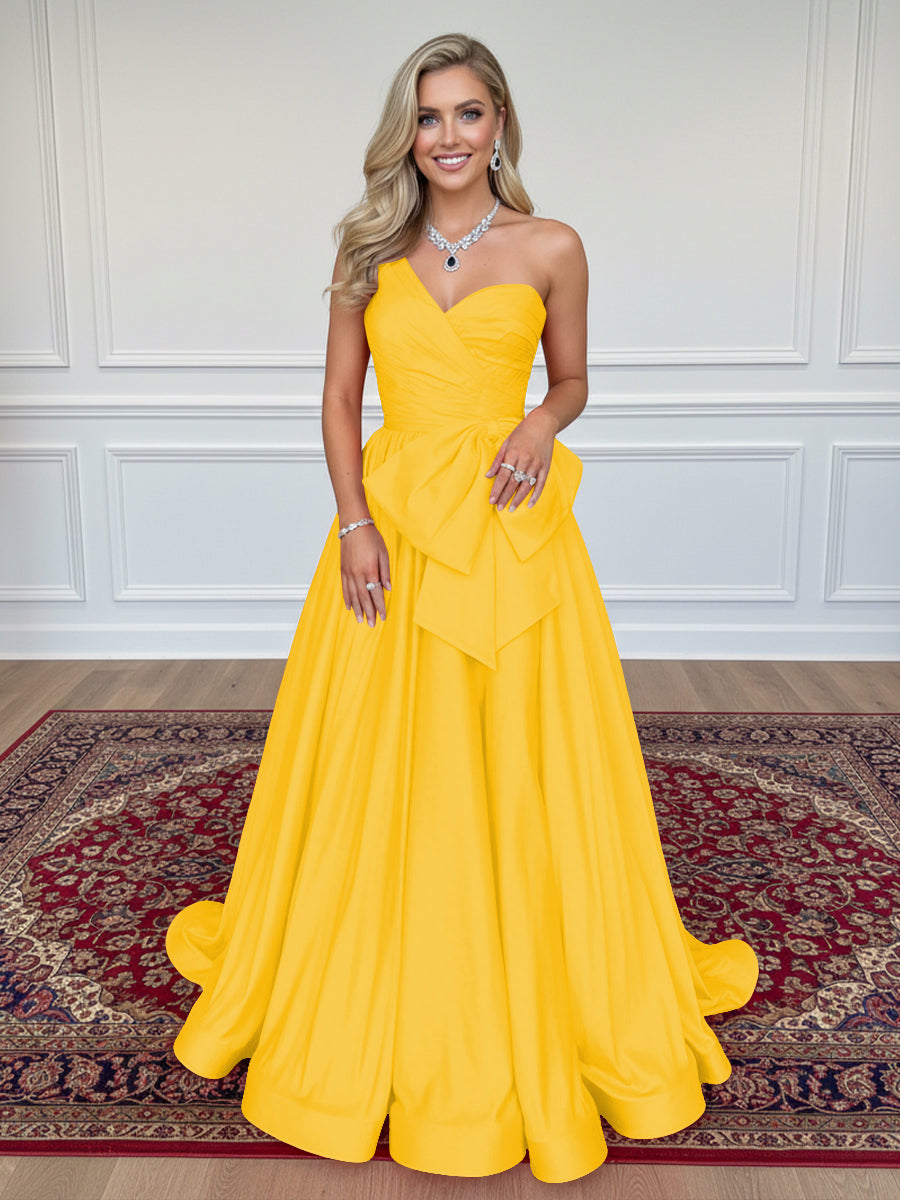 Satin Bow A Line One Shoulder Formal Dresses