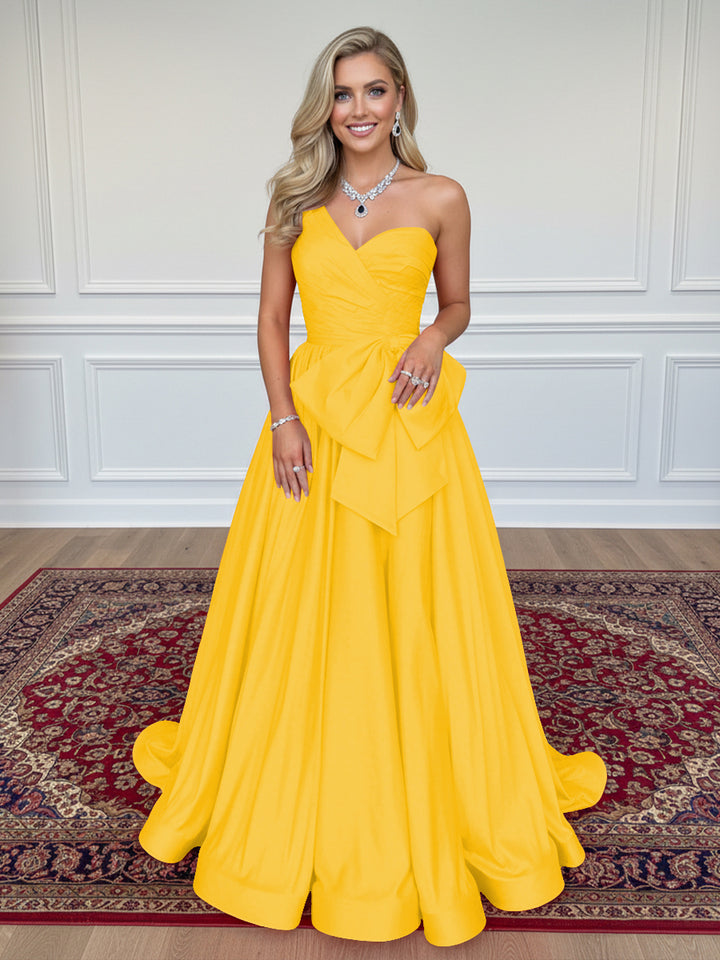 Satin Bow A Line One Shoulder Formal Dresses