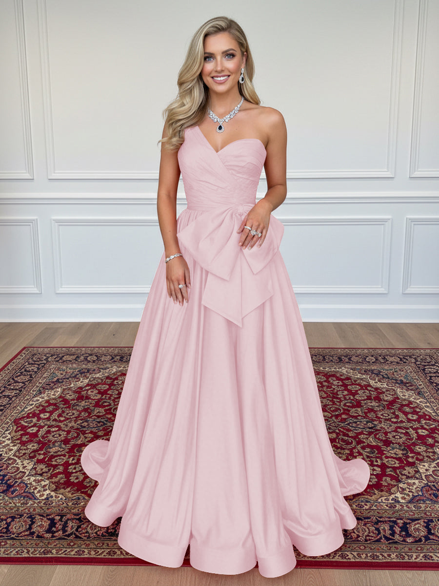 Satin Bow A Line One Shoulder Formal Dresses