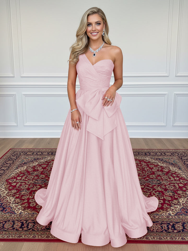 Satin Bow A Line One Shoulder Formal Dresses