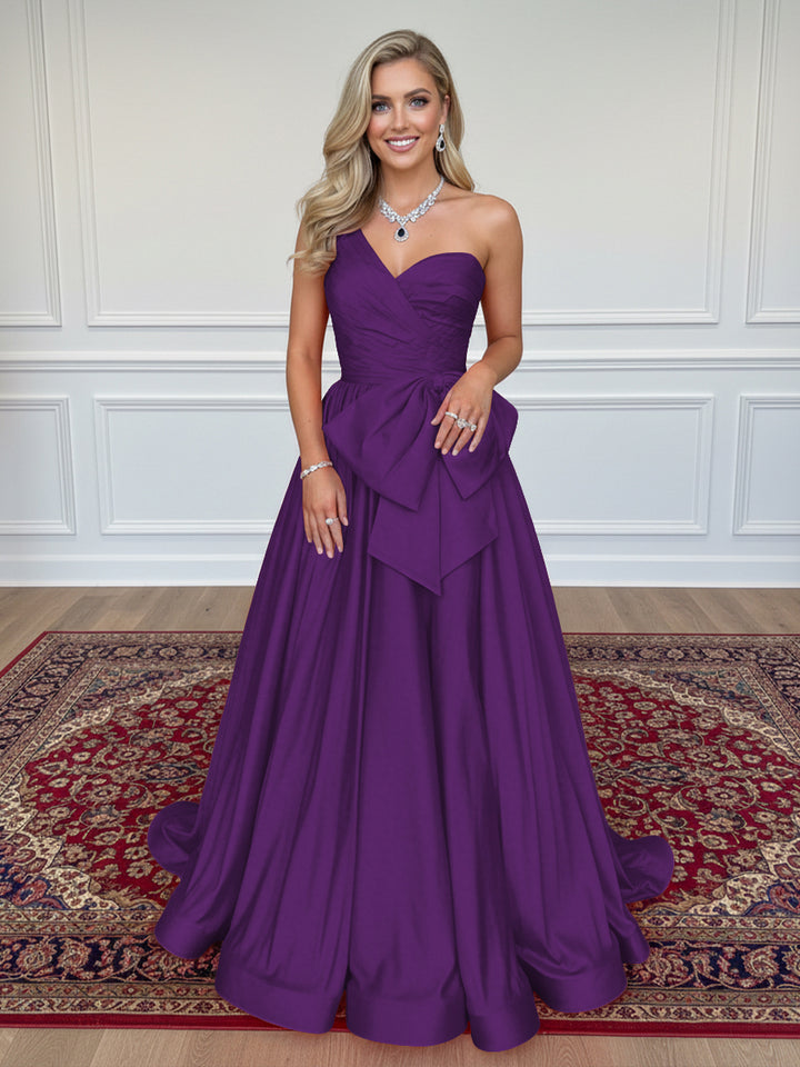 Satin Bow A Line One Shoulder Formal Dresses