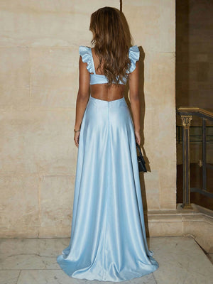 Satin Ruffles Straps A Line Prom Dresses with Cut Out