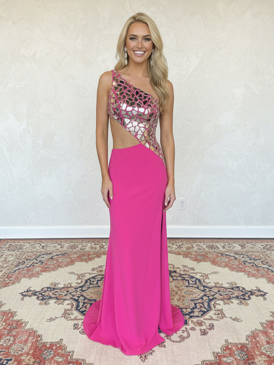 Satin One Shoulder Mermaid Cut Out Prom Dresses with Crystals