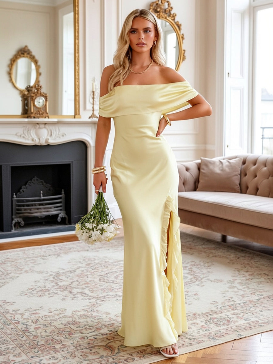 Satin Off the Shoulder Ruffles Sheath Formal Dresses with Bow Party Gowns
