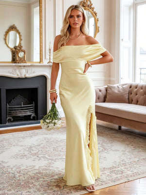 Satin Off the Shoulder Ruffles Sheath Prom Dresses with Bow Party Gowns