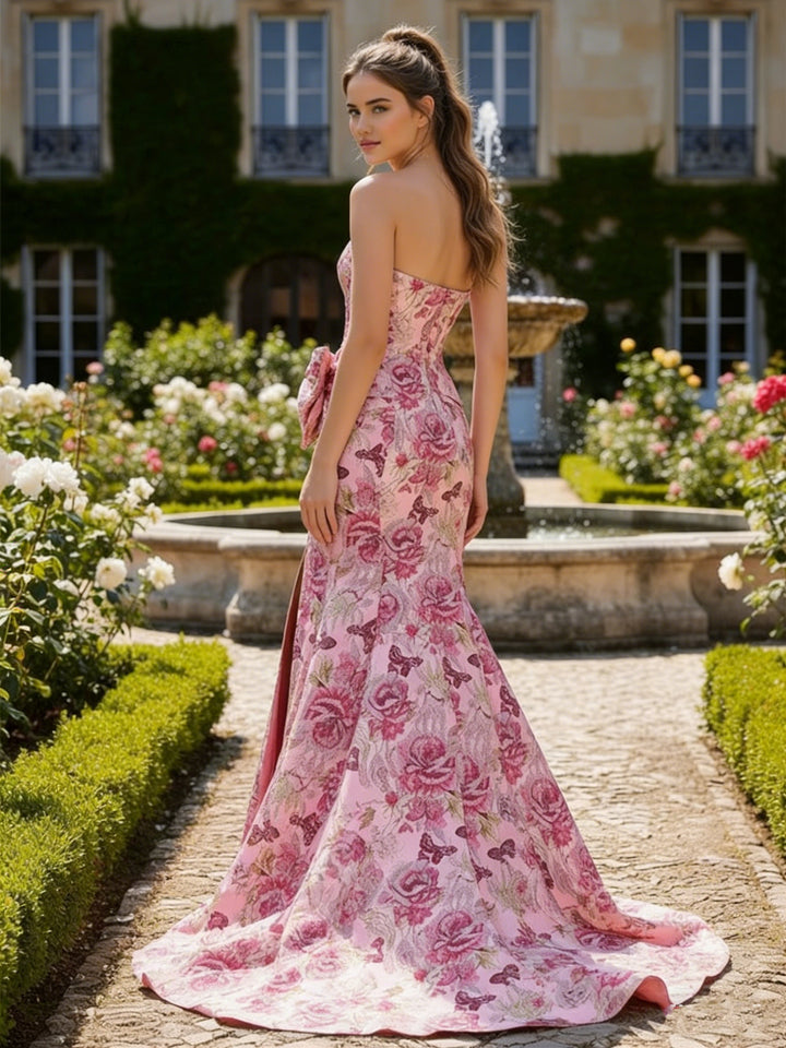Jacquard Strapless Split Corset Evening Dresses Wedding Guest Dresses with Bow