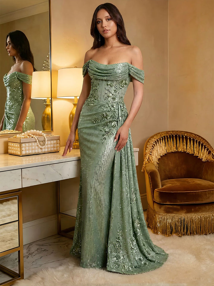 Off the Shoulder Sequin Ruffles Corset Evening Dresses