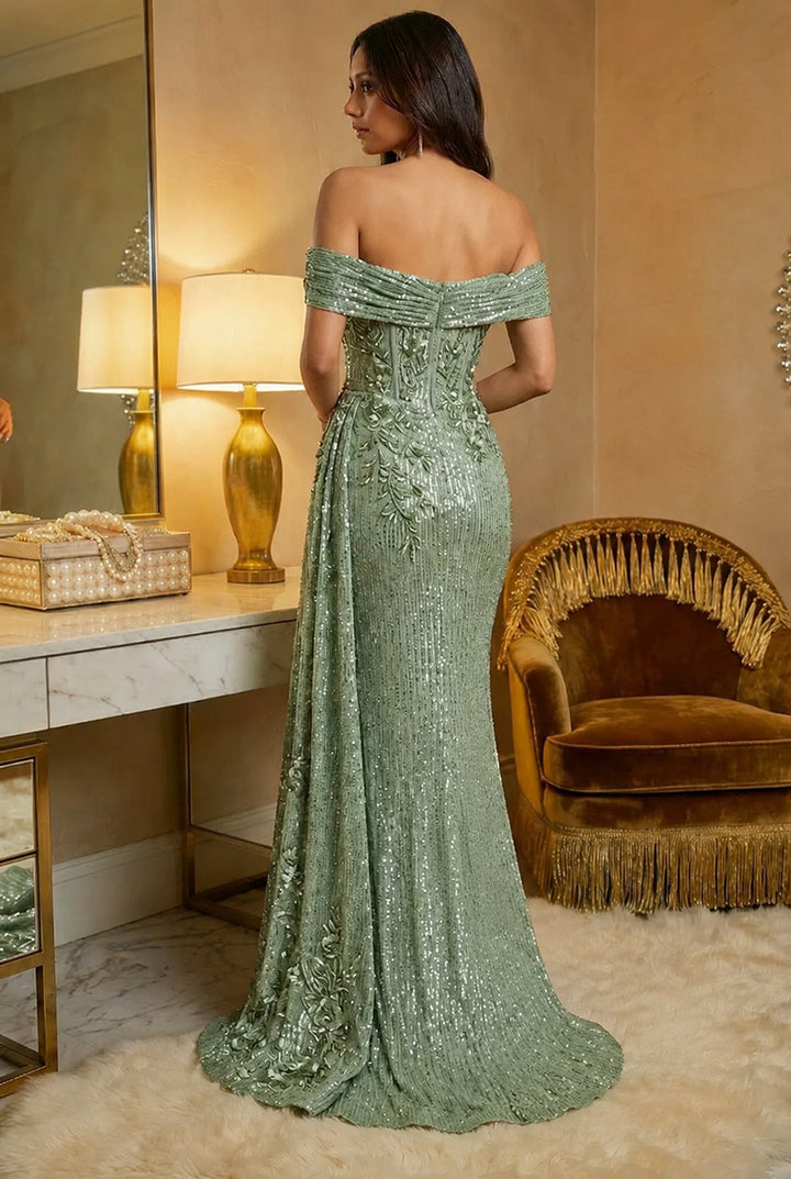 Off the Shoulder Sequin Ruffles Corset Evening Dresses