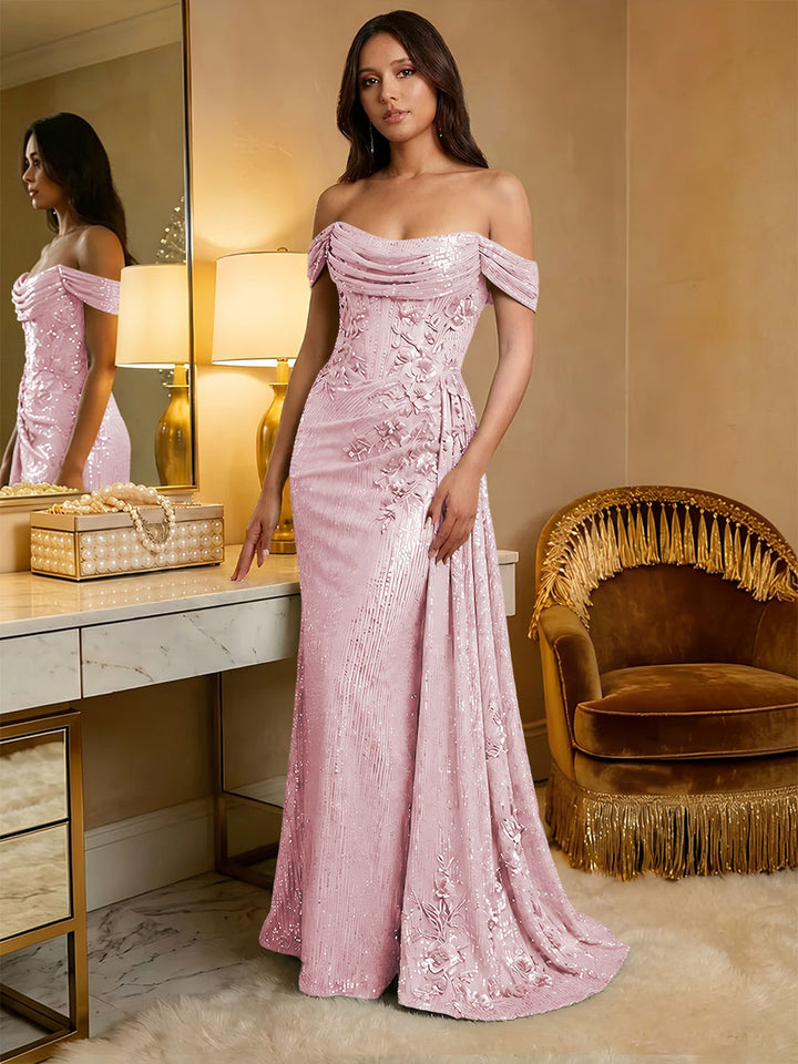 Off the Shoulder Sequin Ruffles Corset Evening Dresses