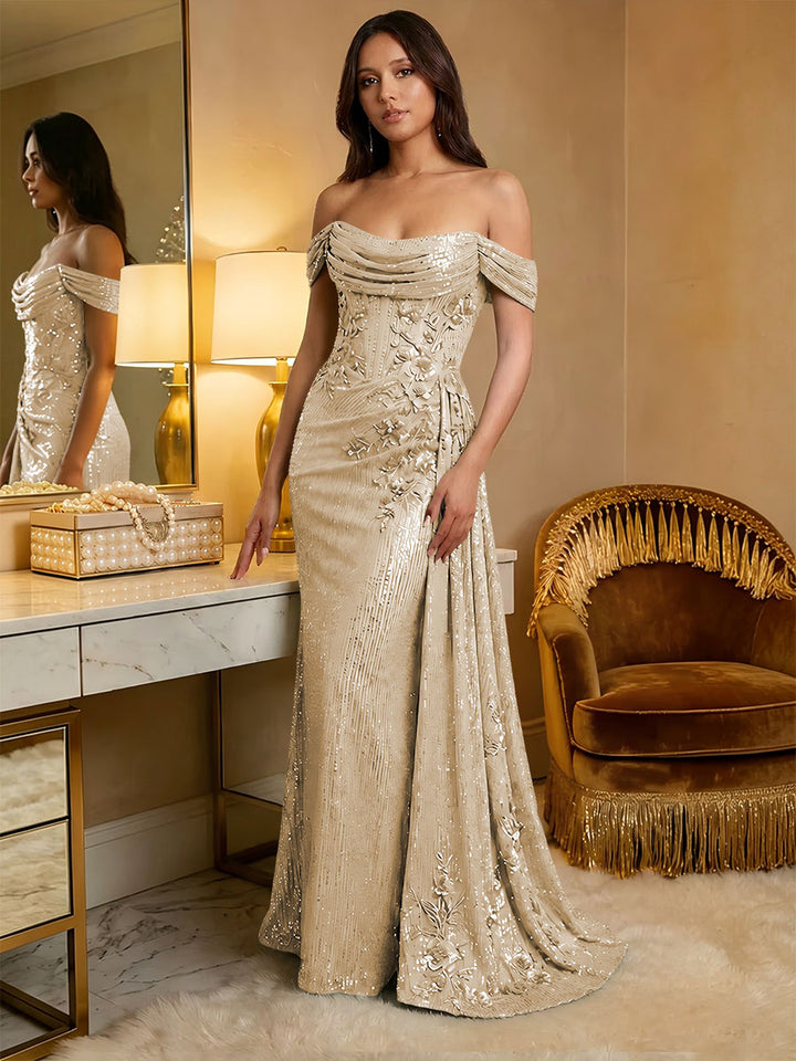 Off the Shoulder Sequin Ruffles Corset Evening Dresses