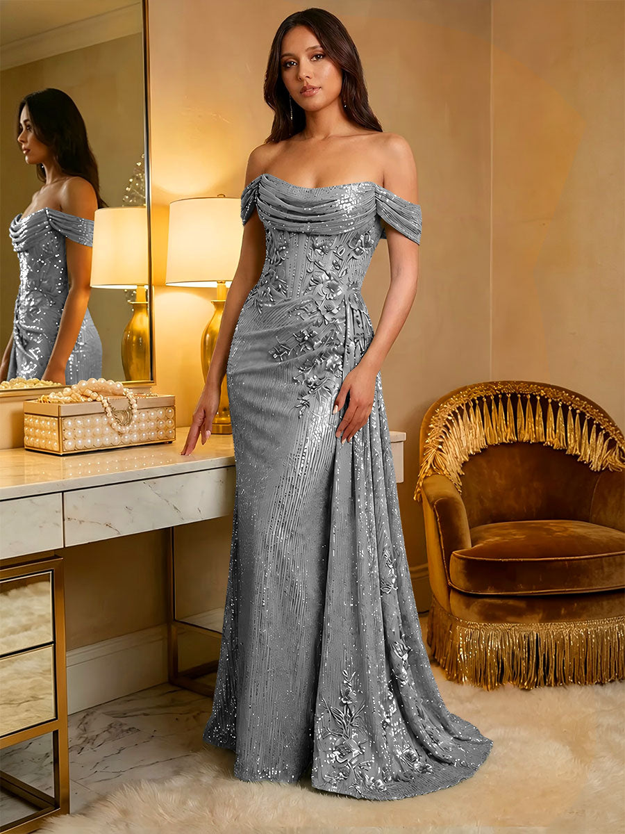 Off the Shoulder Sequin Ruffles Corset Evening Dresses
