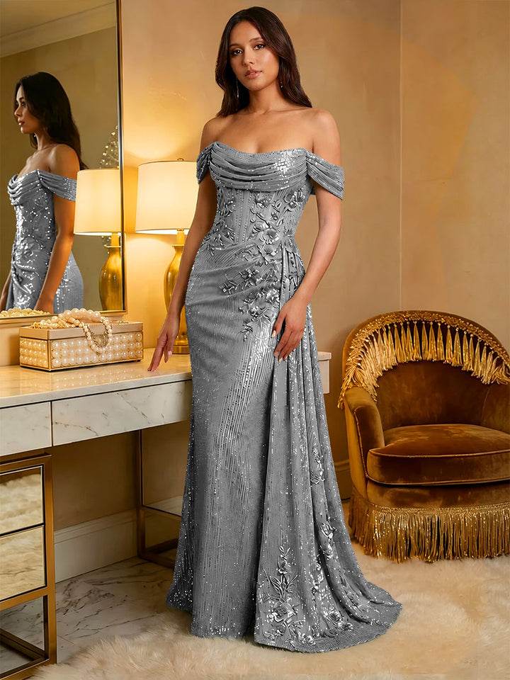 Off the Shoulder Sequin Ruffles Corset Evening Dresses