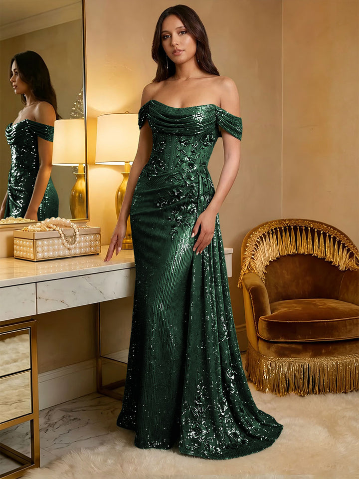 Off the Shoulder Sequin Ruffles Corset Evening Dresses