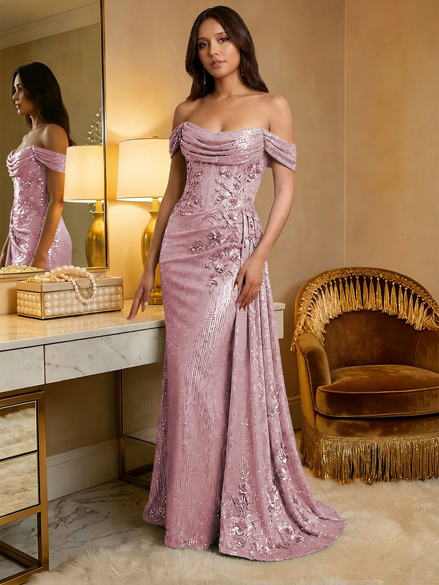 Off the Shoulder Sequin Ruffles Corset Evening Dresses