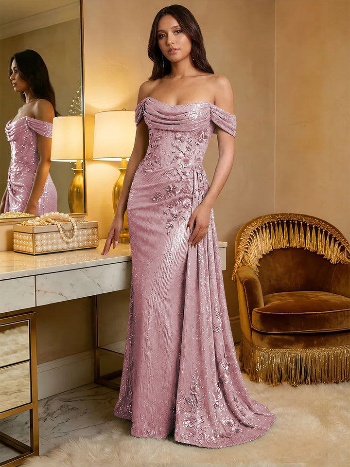 Off the Shoulder Sequin Ruffles Corset Evening Dresses