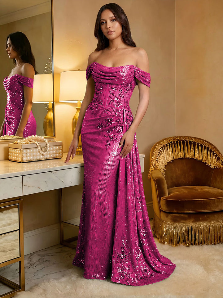 Off the Shoulder Sequin Ruffles Corset Evening Dresses