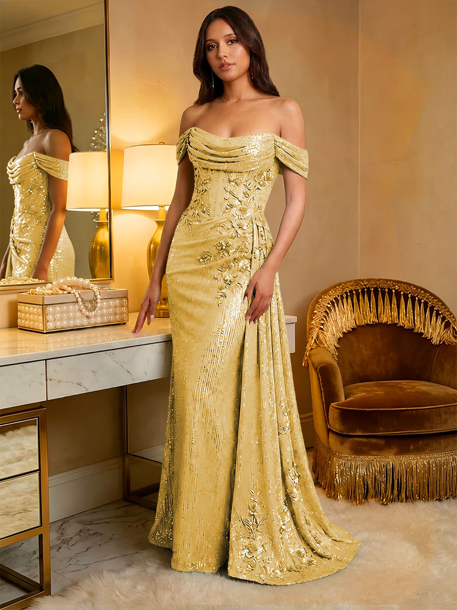 Off the Shoulder Sequin Ruffles Corset Evening Dresses