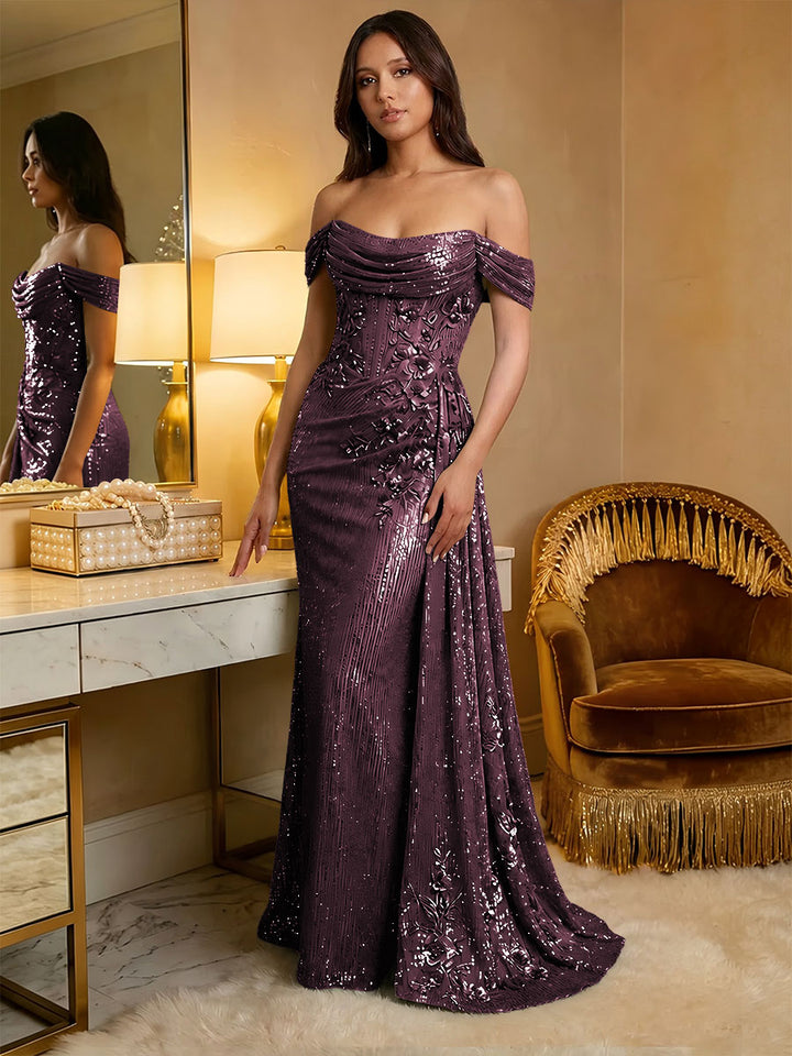 Off the Shoulder Sequin Ruffles Corset Evening Dresses