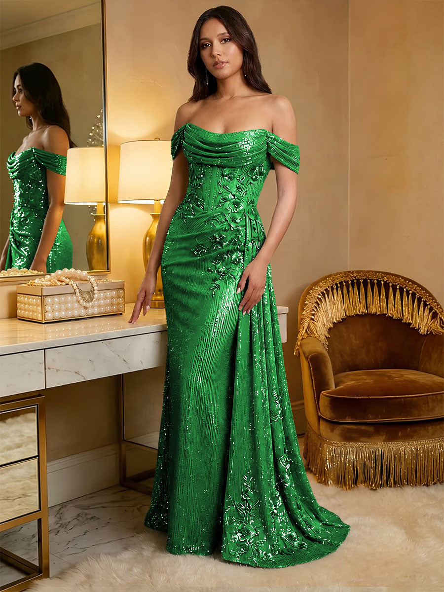 Off the Shoulder Sequin Ruffles Corset Evening Dresses