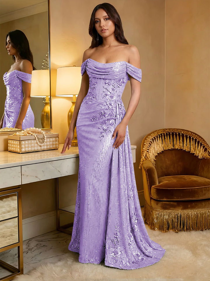 Off the Shoulder Sequin Ruffles Corset Evening Dresses