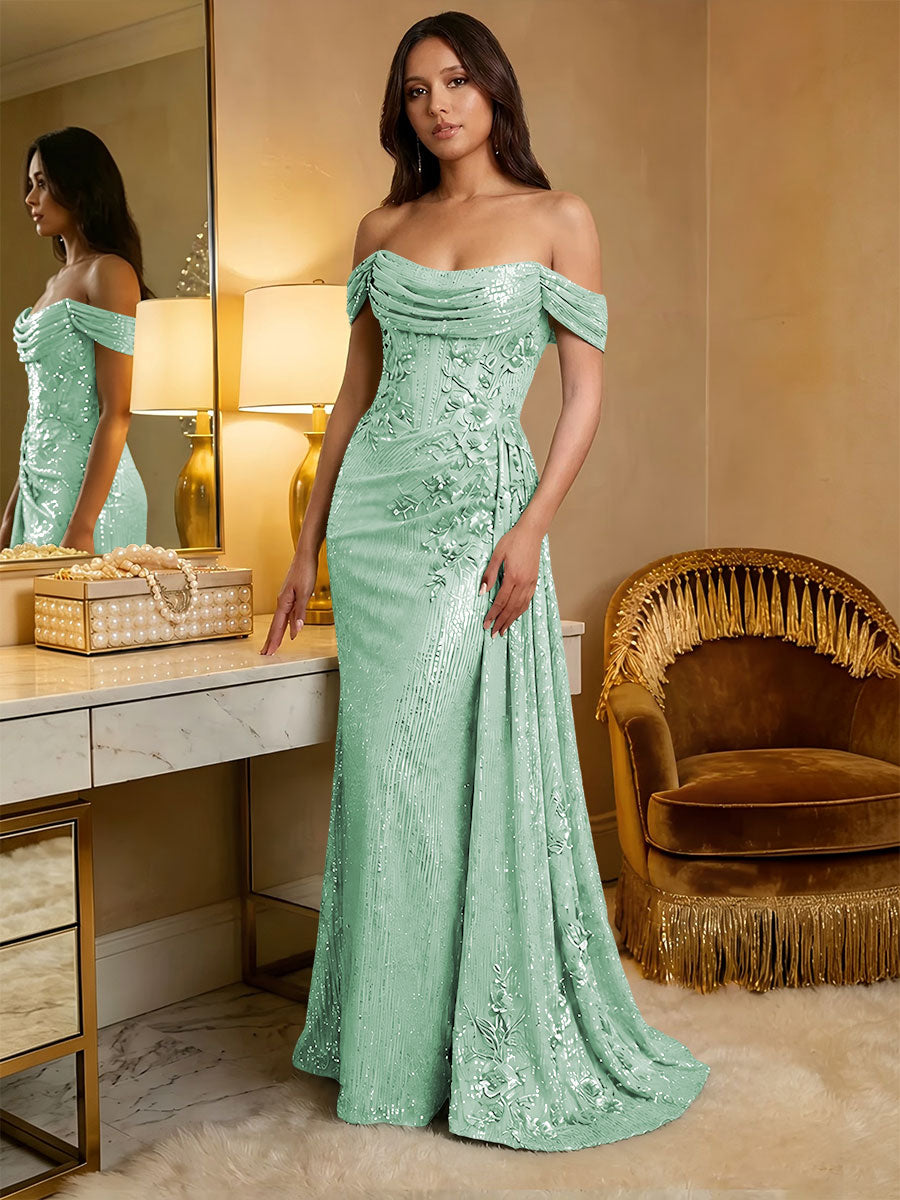 Off the Shoulder Sequin Ruffles Corset Evening Dresses