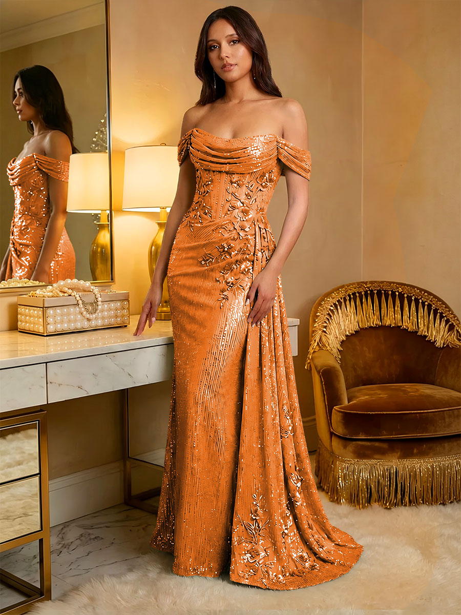 Off the Shoulder Sequin Ruffles Corset Evening Dresses