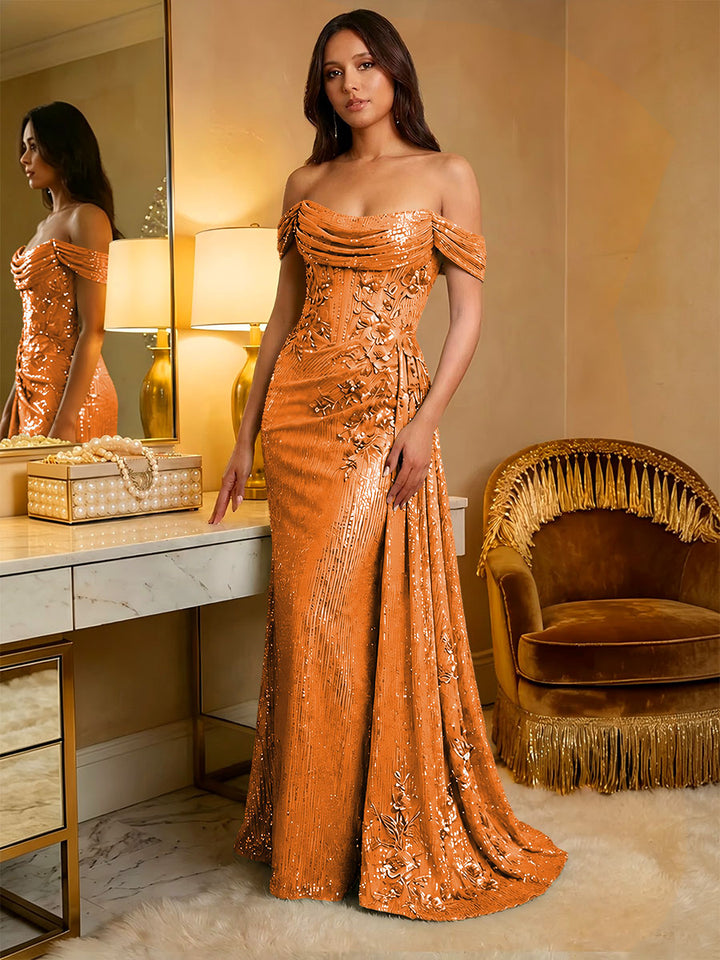 Off the Shoulder Sequin Ruffles Corset Evening Dresses