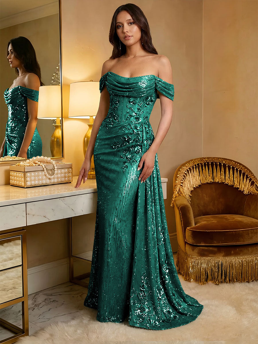 Off the Shoulder Sequin Ruffles Corset Evening Dresses