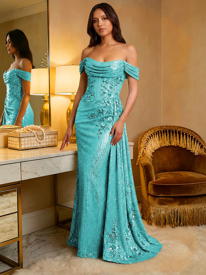 Off the Shoulder Sequin Ruffles Corset Evening Dresses