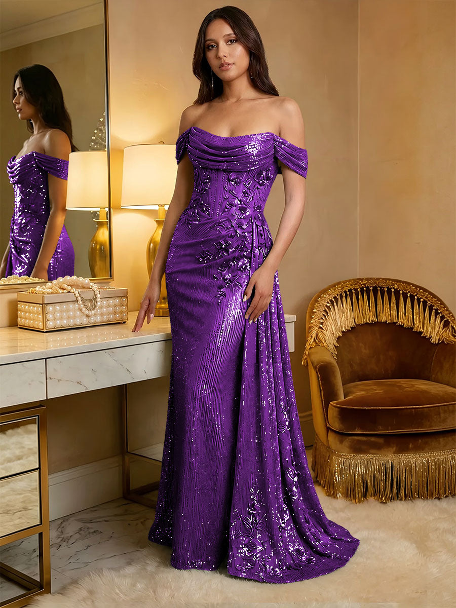 Off the Shoulder Sequin Ruffles Corset Evening Dresses