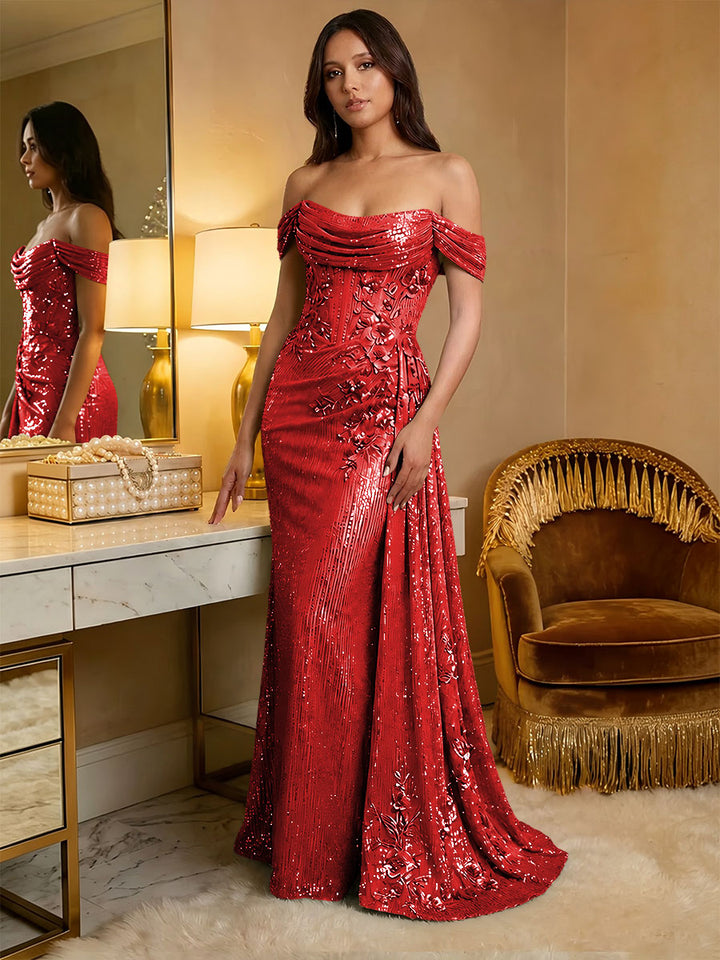 Off the Shoulder Sequin Ruffles Corset Evening Dresses