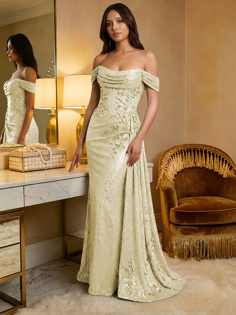 Off the Shoulder Sequin Ruffles Corset Evening Dresses