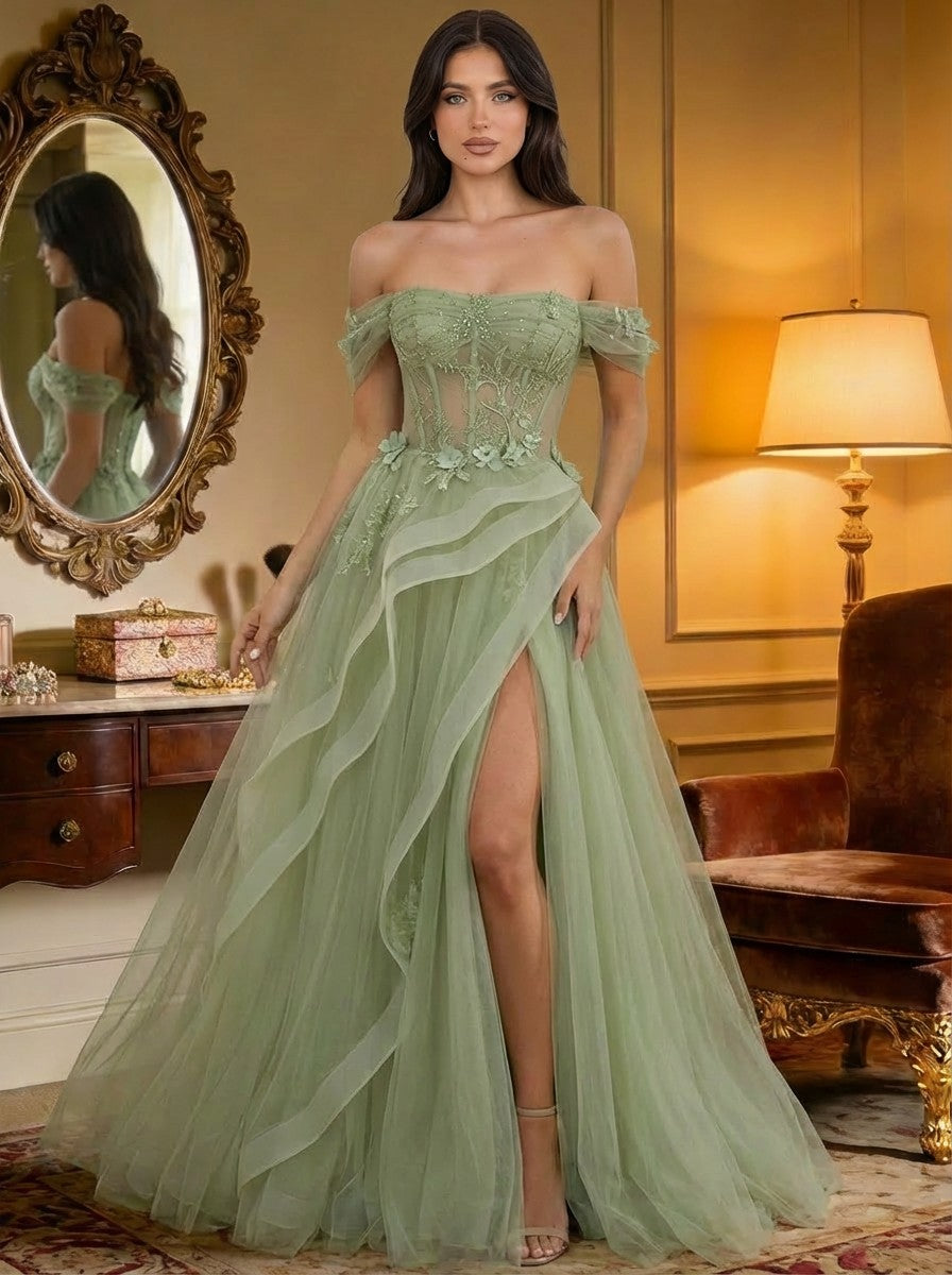 Off the Shoulder Tulle Ruffles Corset Prom Dresses