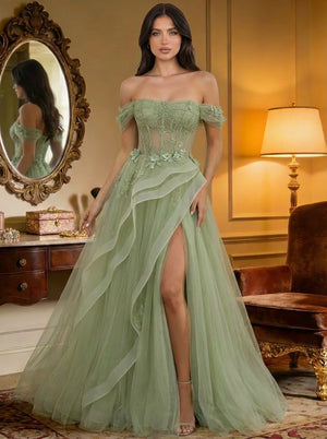 Off the Shoulder Tulle Ruffles Corset Prom Dresses