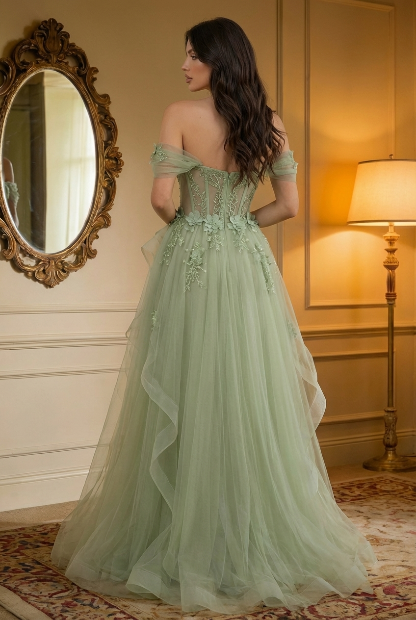 Off the Shoulder Tulle Ruffles Corset Formal Evening Dresses