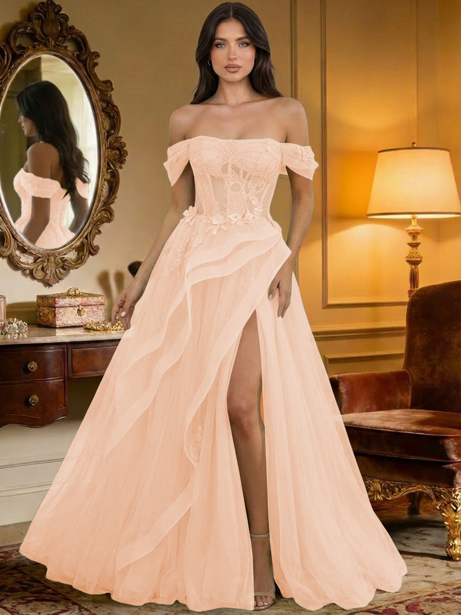 Off the Shoulder Tulle Ruffles Corset Formal Evening Dresses