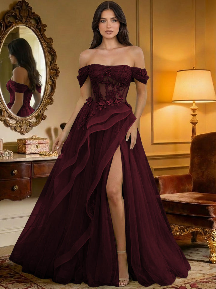 Off the Shoulder Tulle Ruffles Corset Formal Evening Dresses