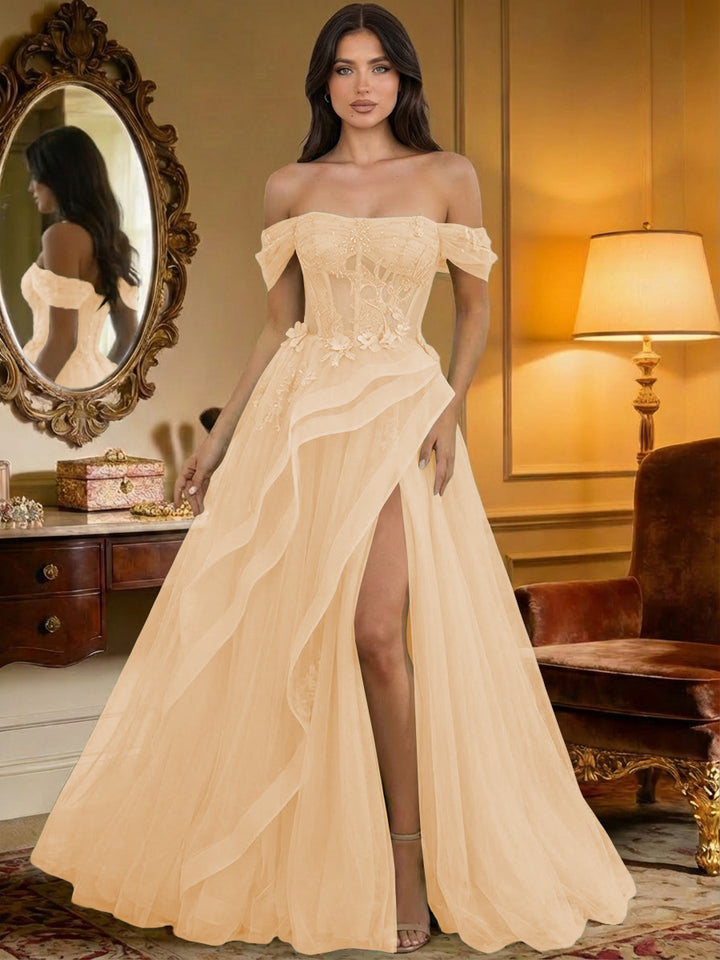 Off the Shoulder Tulle Ruffles Corset Formal Evening Dresses