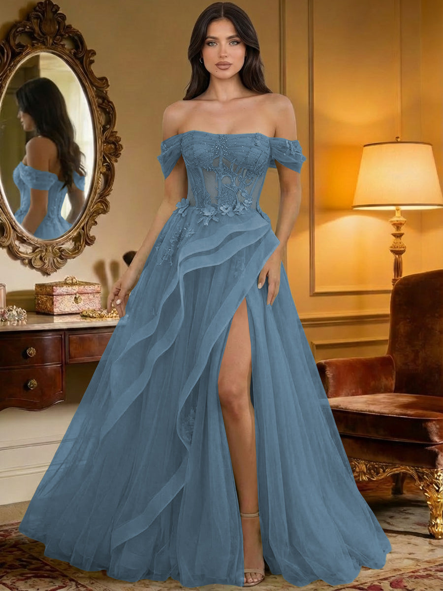 Off the Shoulder Tulle Ruffles Corset Formal Evening Dresses